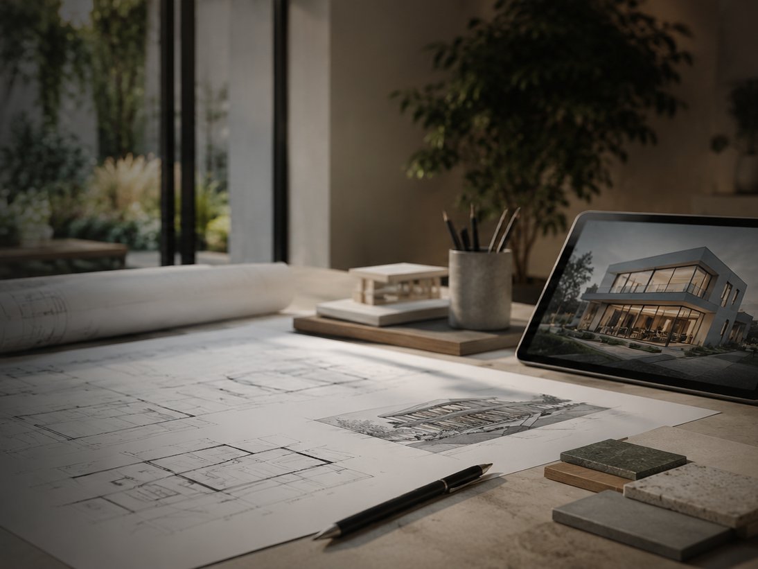 Architekt Arbeitsplatz mit Bauplaenen und Modell